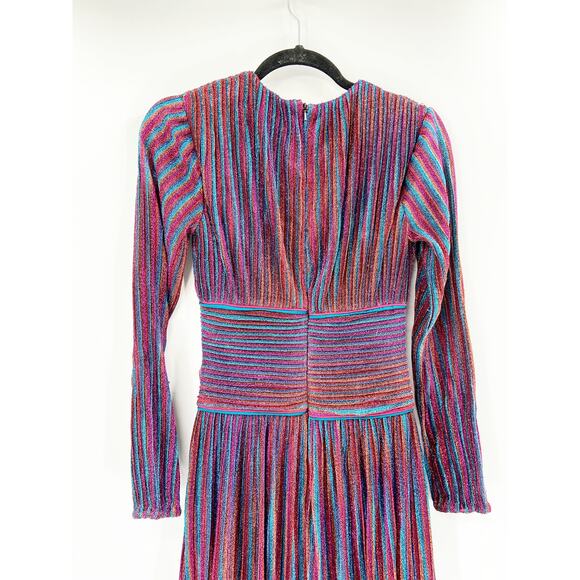 Jonathan Simkhai Rainbow Metallic Pleated Long Sleeve V-Neck Knit Party Gown 2 - Picture 5 of 6